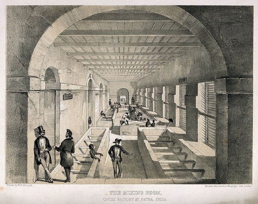 A busy mixing room in the opium factory at Patna, India. Lithograph after W. S. Sherwill, c. 1850.