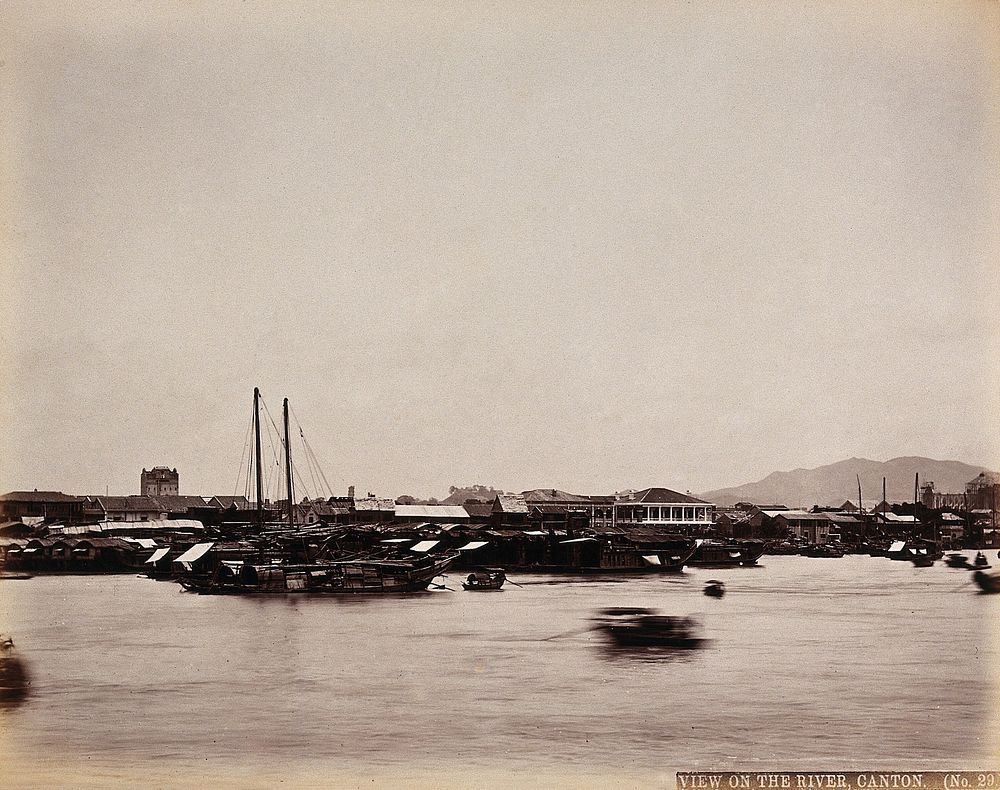 Canton, China: Canton City from the river with boats and junks in the foreground. Photograph by W.P. Floyd, ca. 1873.