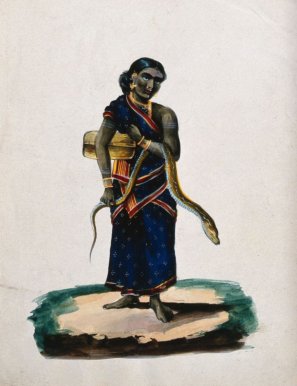 An Indian woman holding a snake and a basket. Gouache painting by an Indian painter.
