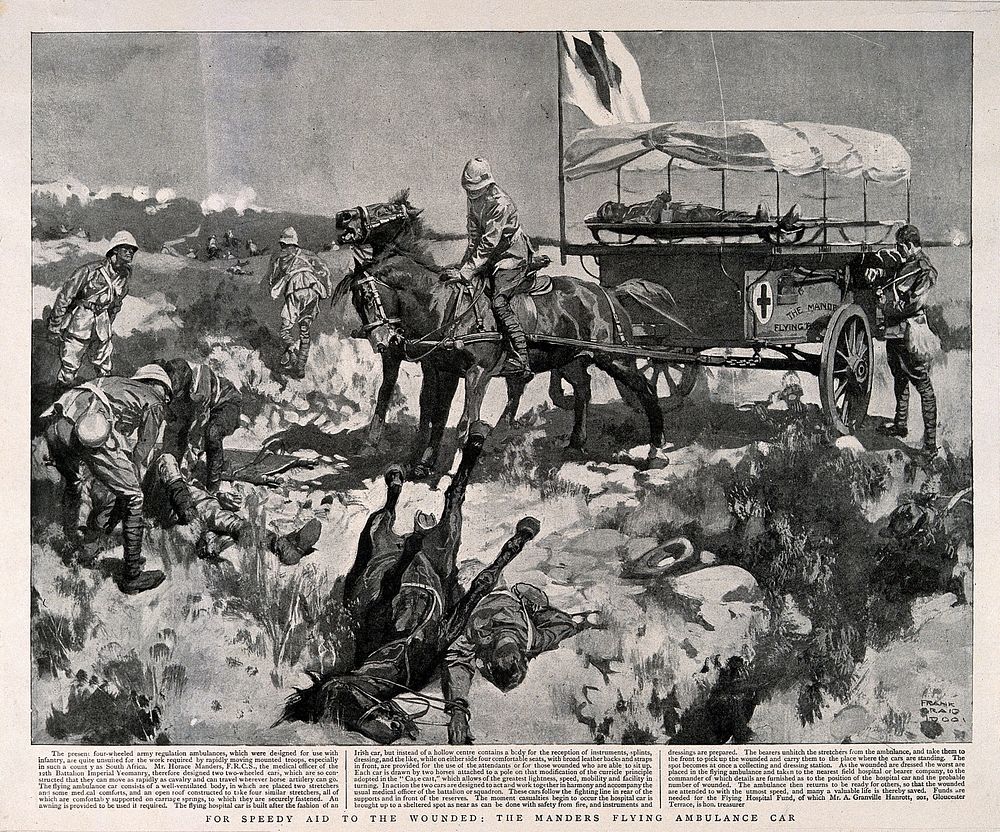 Boer War: collecting the wounded from the battlefield using newly invented ambulance transport. Reproduction after a…