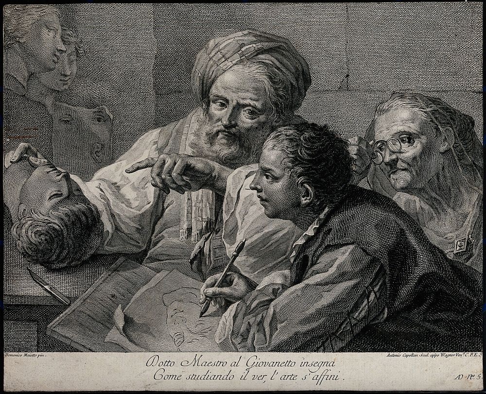 A young man being instructed in drawing by an older man. Engraving by A. Capellan after D. Maggiotto.