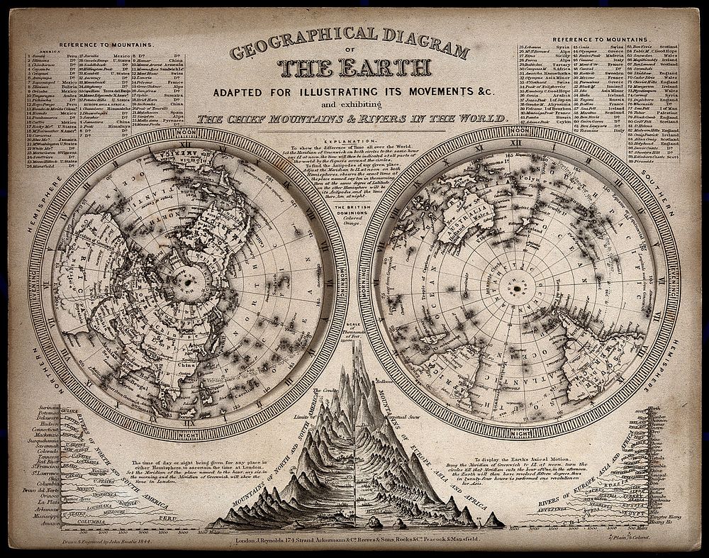Geography: two rotating discs showing the hemispheres of the earth, fixed to a card giving details of their use. Engraving…