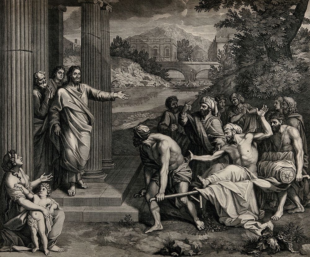 Christ healing the paralytic. Etching by B. Picart after Jean Jouvenet, 1683.