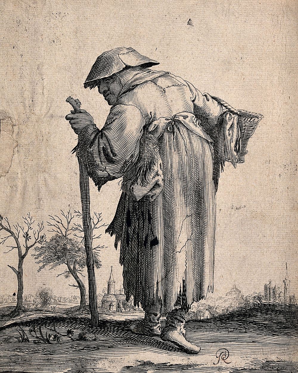 An old beggar-man leaning on a stick and carrying a basket is walking towards a town in the distance. Etching.