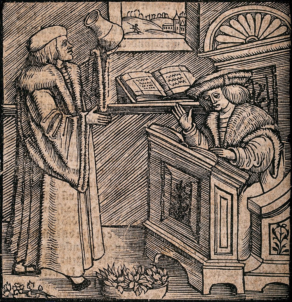 A physician holds up a urine flask to the light, while another scholar reads the properties of urine from a book. Woodcut…