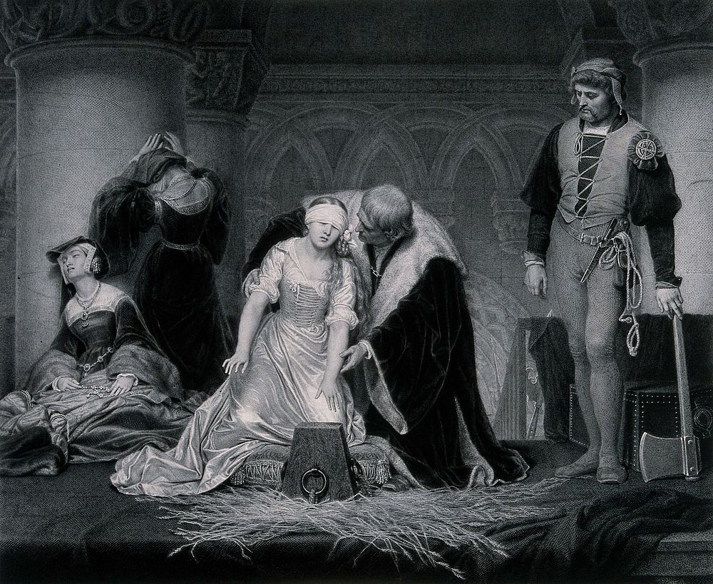 Lady Jane Grey is blindfolded and led to the execution block where the executioner waits, axe in hand. Line engraving by P.…