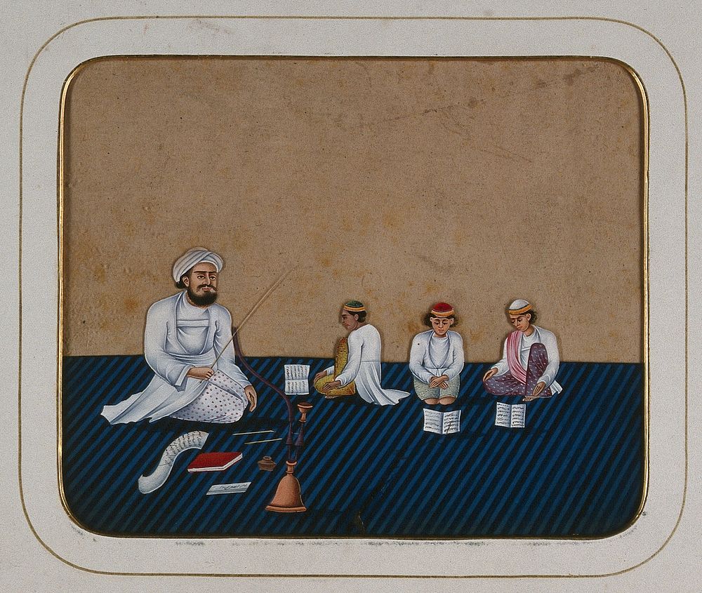 A teacher sitting on the carpet with a hookah pipe and some books teaching three children. Gouache painting on mica by an…