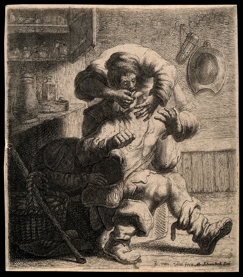 A tooth-drawer extracting a tooth from a seated patient while a woman steals from his bag. Etching by J.J. van Vliet.