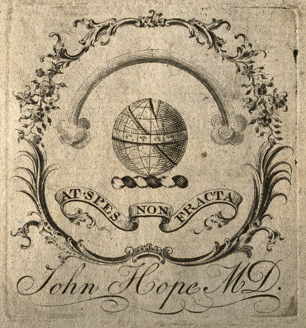 John Hope's armorial bookplate. Line engraving.
