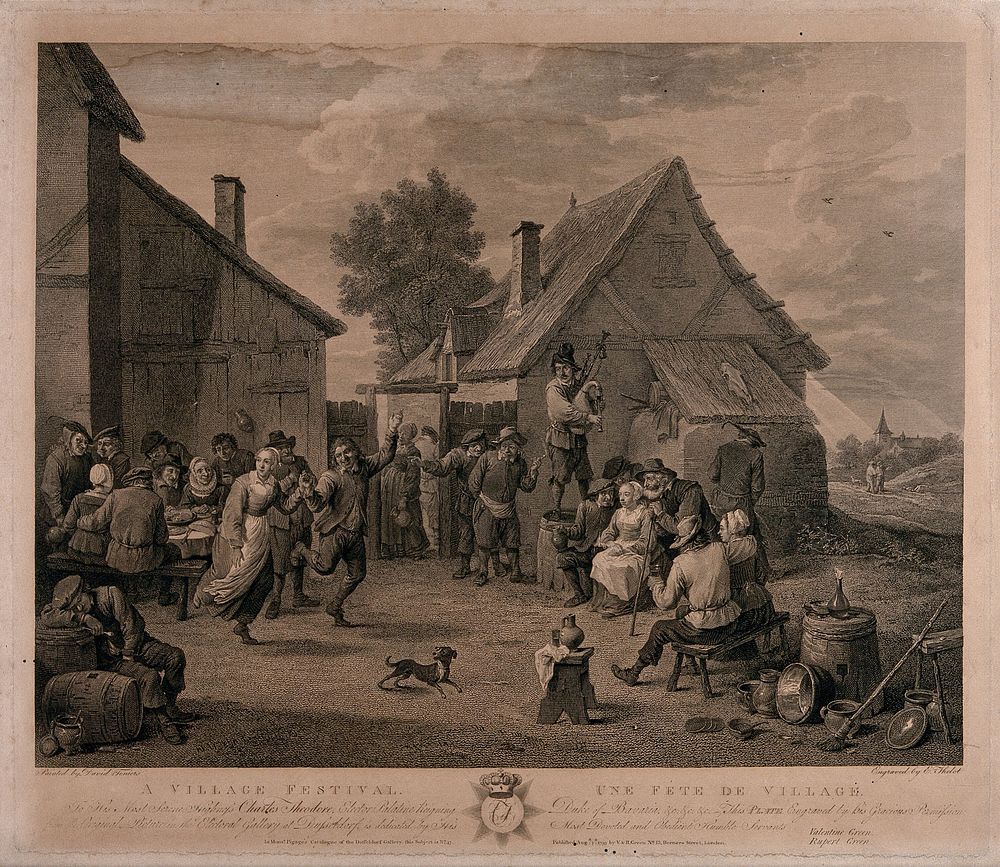 People are dancing to the music of the bagpipes and eating and drinking in the streets of the village. Engraving by E.…