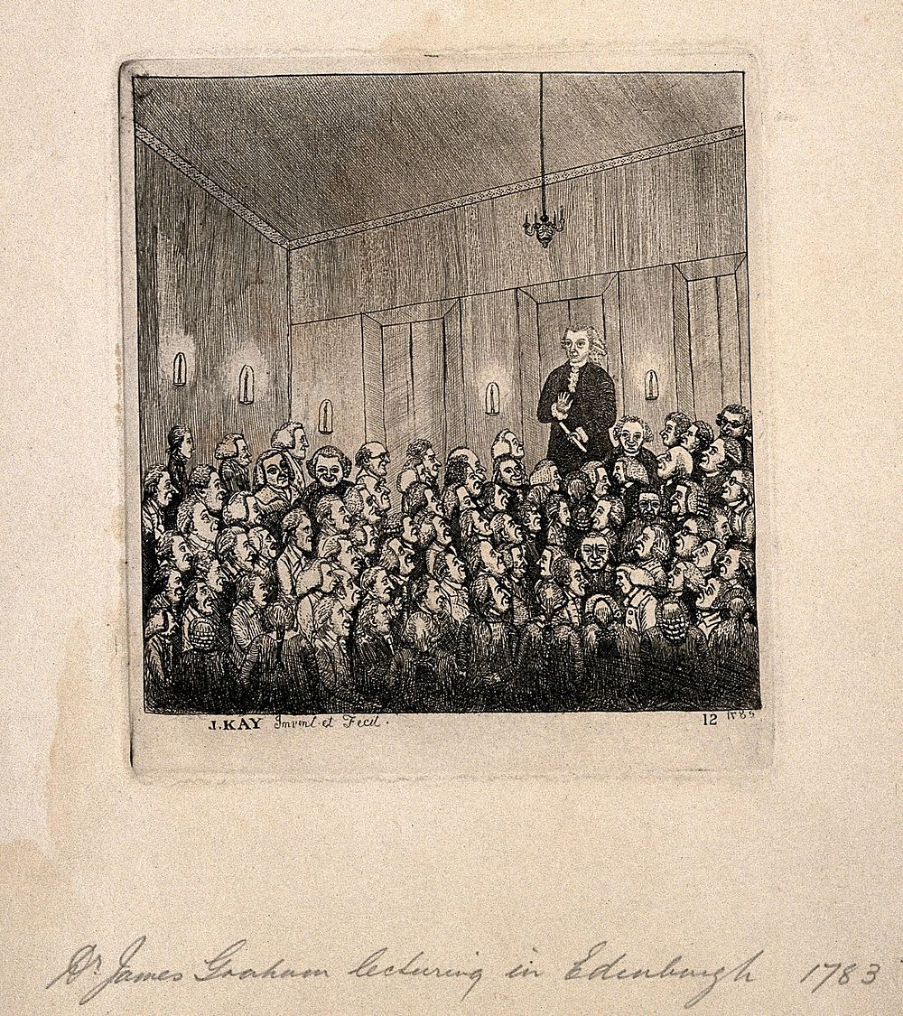 James Graham lecturing from a podium, to a crowd of ladies and gentlemen. Etching by J. Kay, 1785, after himself.