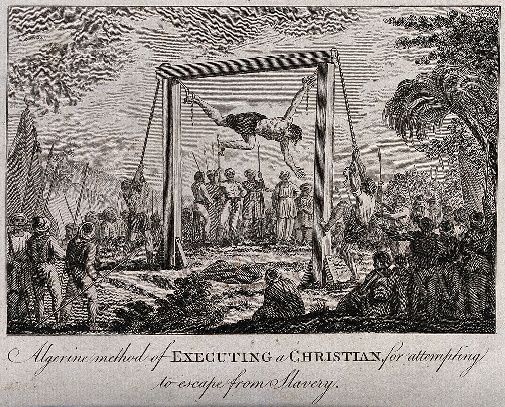 The execution of a Christian prisoner in Algeria by suspending him from a wooden frame by hooks penetrating his right arm…