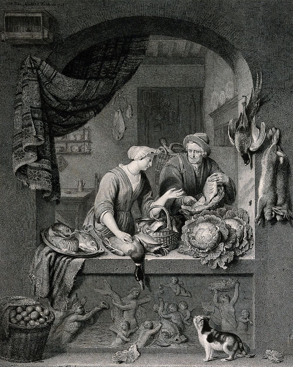 A man comes to a shop to sell a fish to a woman who sells poultry, fish and vegetables, watched by a cat. Engraving by J.…