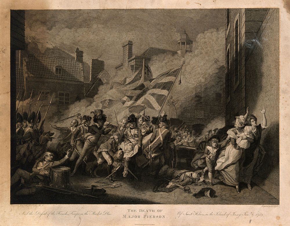 The death of Major Peirson in the battle of Jersey. Engraving by A. Kessler after J.S. Copley.