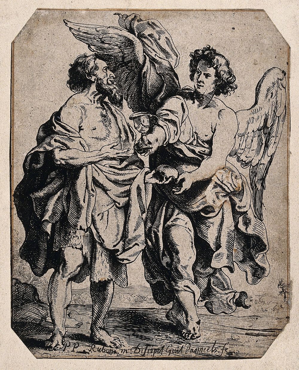 An angel gives Elijah cake and water. Line engraving by W. Panneels after P.P. Rubens.