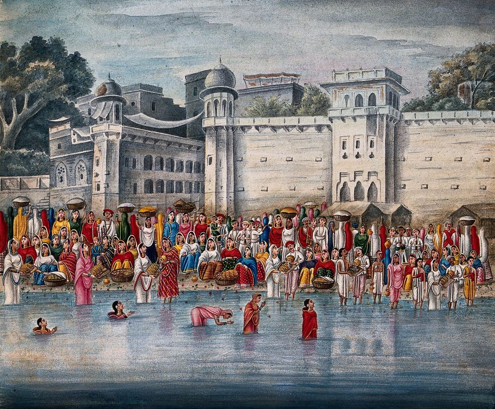 A crowd preparing for a suttee, or widow-burning: beside the Ganges  River. Gouache painting by an Indian artist.