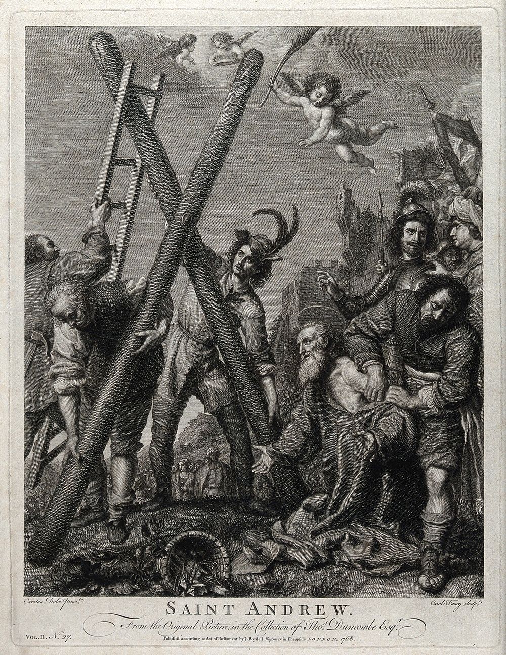 The martyrdom of Saint Andrew. Line engraving by C. Faucci, 1768 after C. Dolci, 1643.