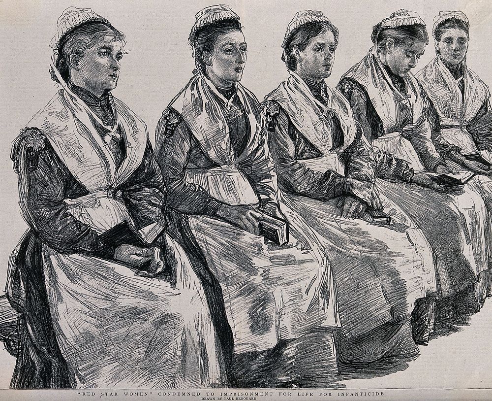 Woking Convict Invalid Prison: five women prisoners convicted of infanticide. Process print after Paul Renouard, 1889.