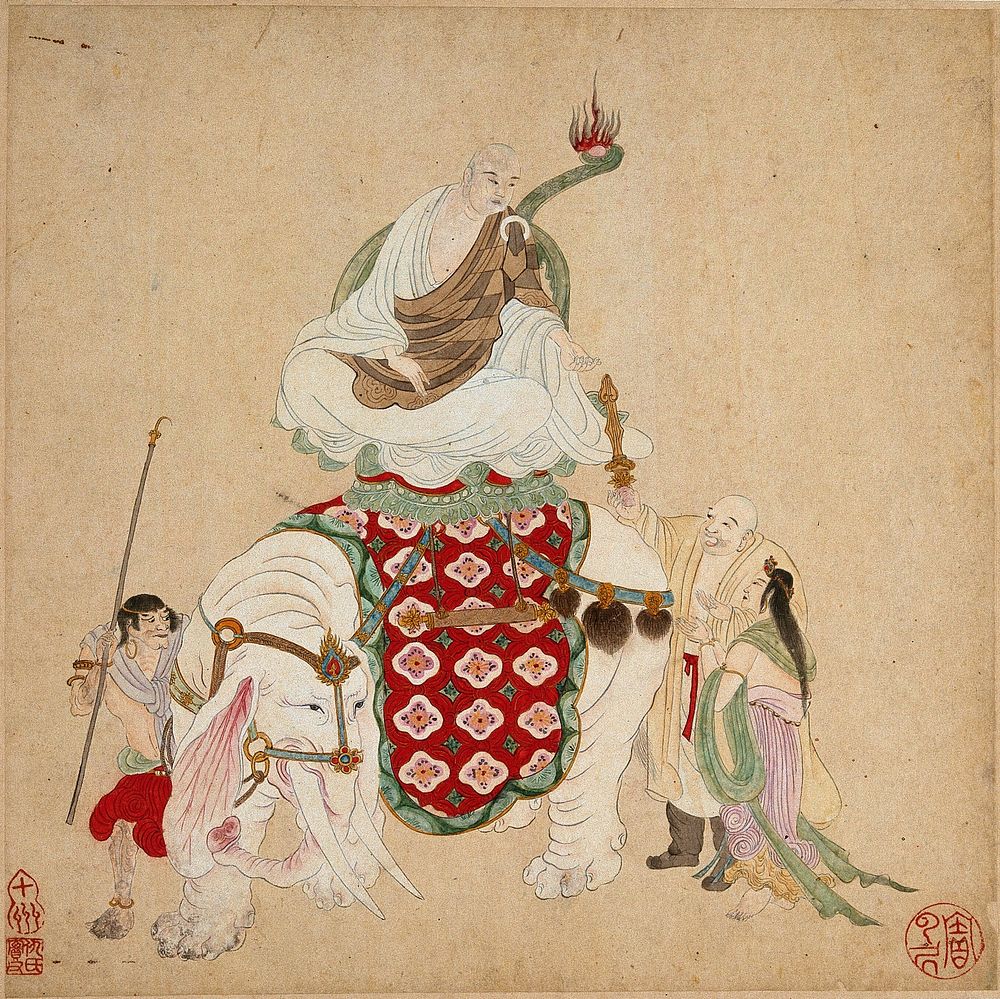 A Buddhist master  enthroned on an elephant, being presented with a sword-like object by a man and woman. Watercolour with…