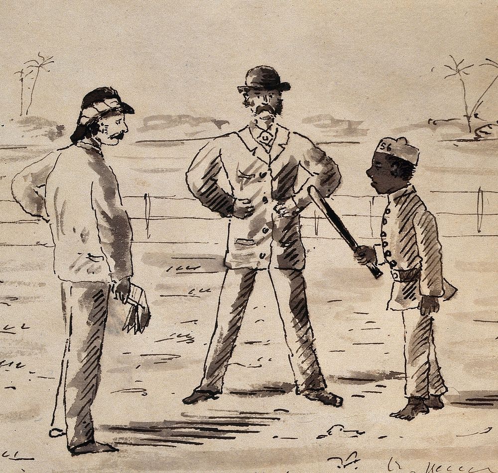 Singapore: a police officer clearing two race-goers from the racecourse. Pen and ink drawing by J. Taylor, 1881.