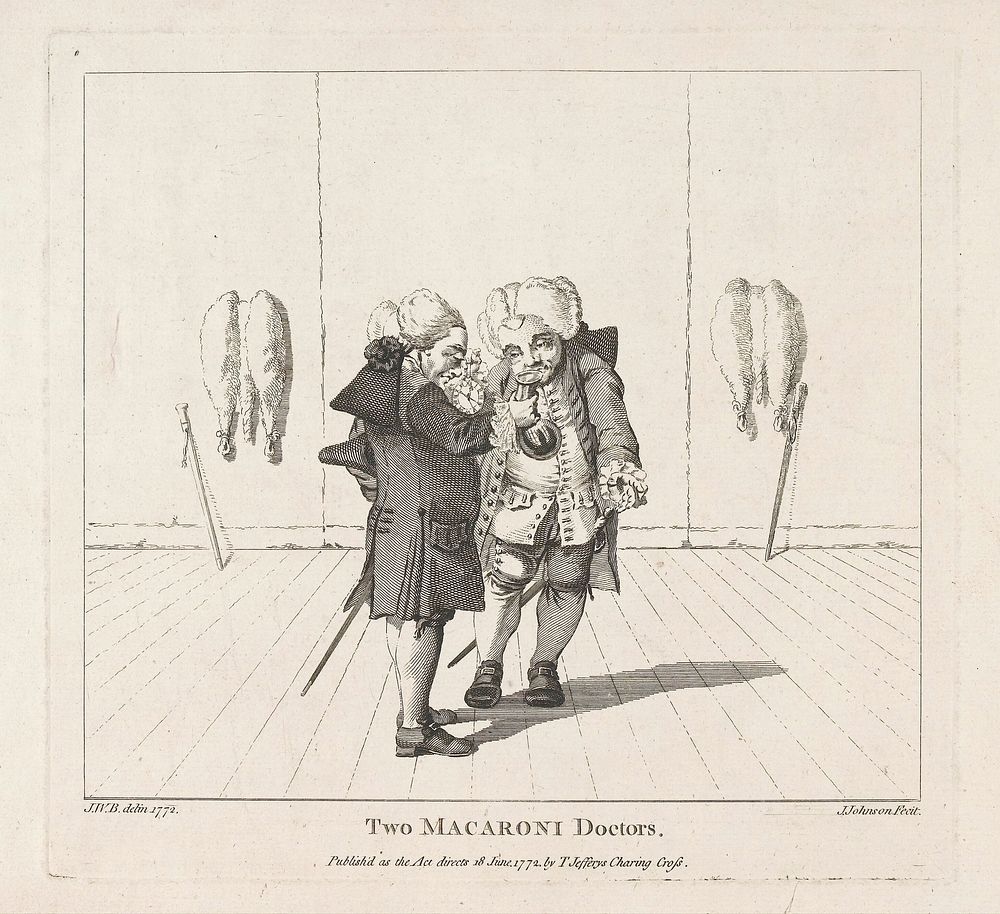 Two physicians in "macaroni" fashions. Etching by J. Johnson after J.W.B. (Bretherton), 1772.