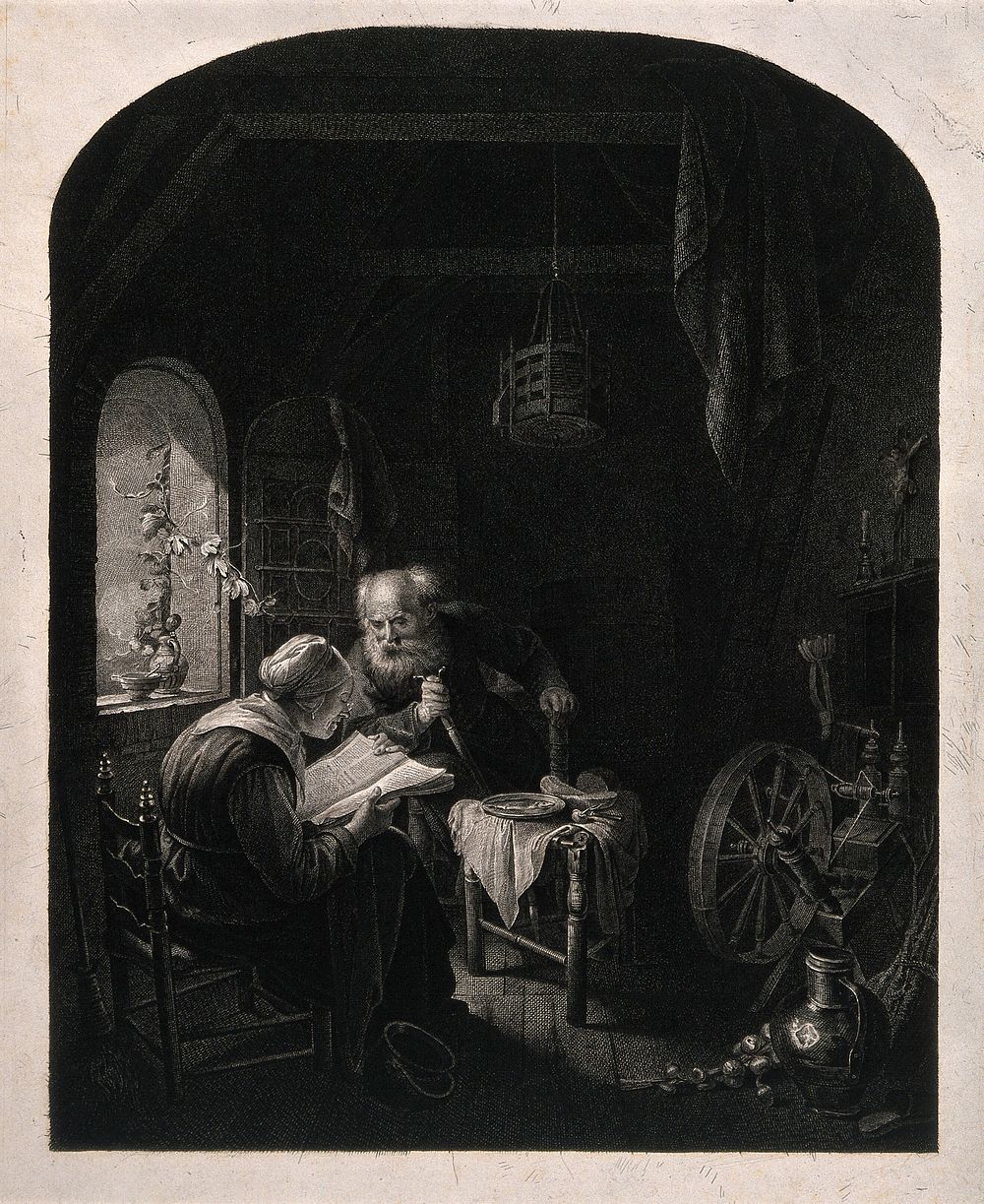 An old couple sitting, the man leans over on his walking stick to listen to the woman reading from the bible. Line engraving…