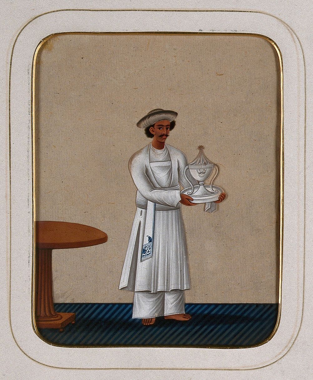 A servant carrying dishes. Gouache painting on mica by an Indian artist.