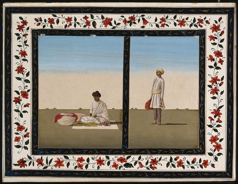 Two Indian men: (left) seated, cutting green produce to shape, and (right) carrying a red bag and two bottles of fluid (ink…