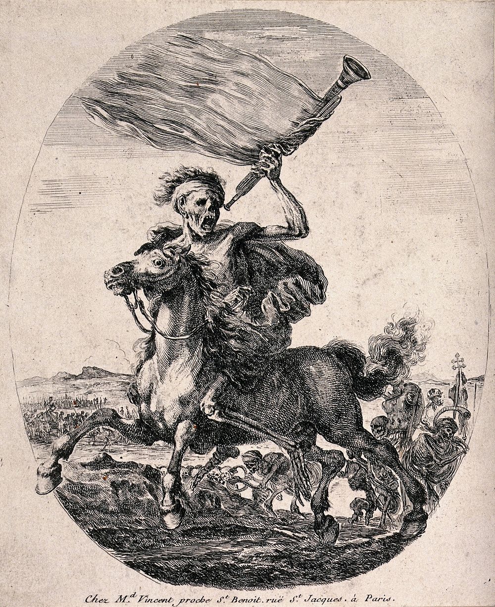 Death astride his horse is the hero of the battlefield. Etching.