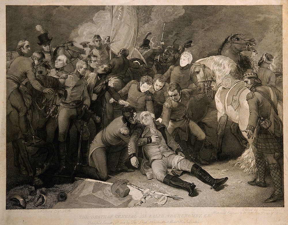 The battle of Alexandria: Sir Ralph Abercromby (Abercrombie) is wounded in the thigh. Engraving by F. Legat, 1805, after T.…