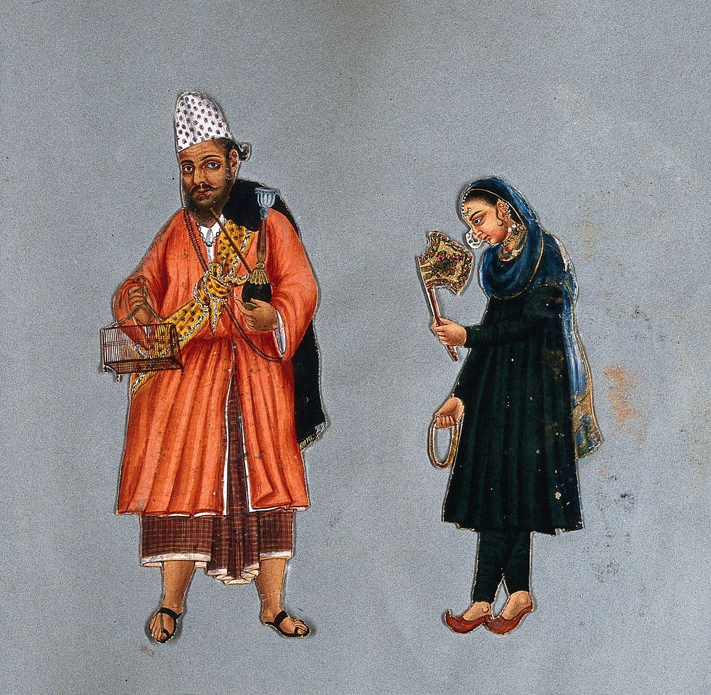 A Fakir man and wife of south India. Gouache painting.