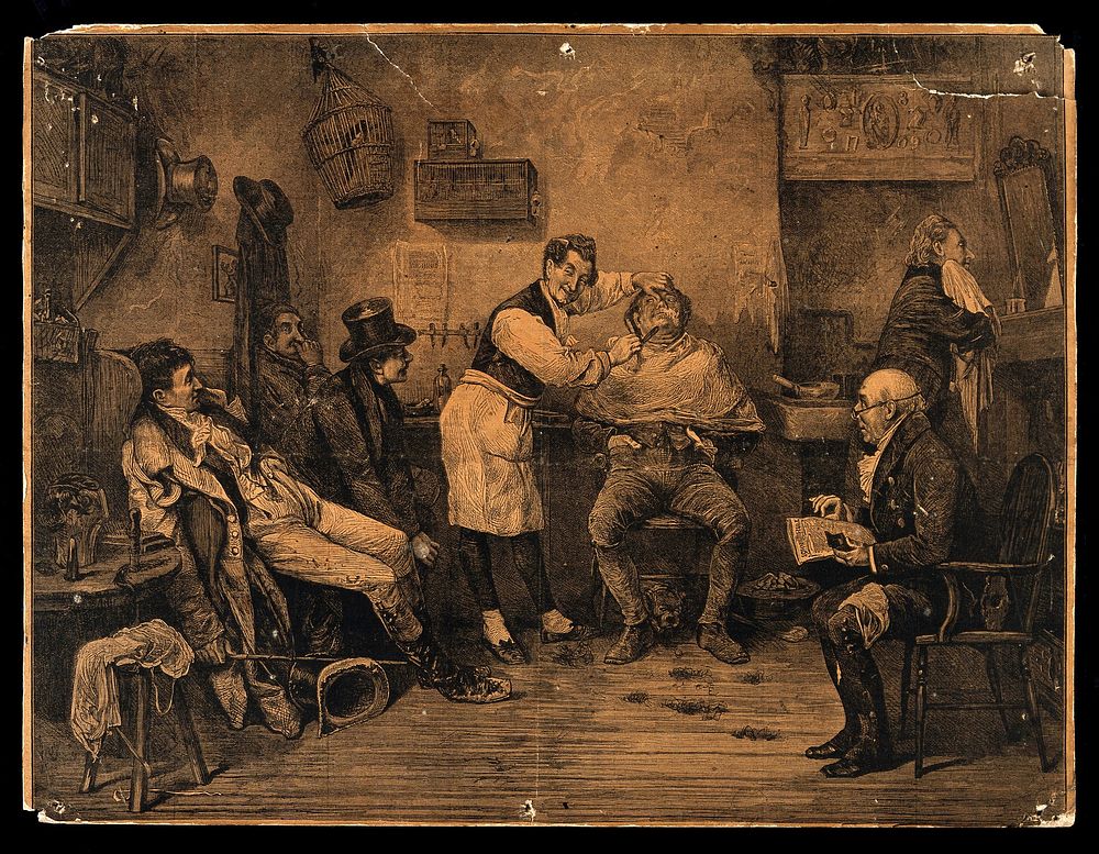 A barber shaving a man in his shop in 1825. Wood engraving after F. Barnard, 1875.