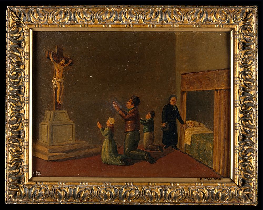 Votive picture: a man and two members of his family praying to Christ crucified for the health of another relative in bed.…