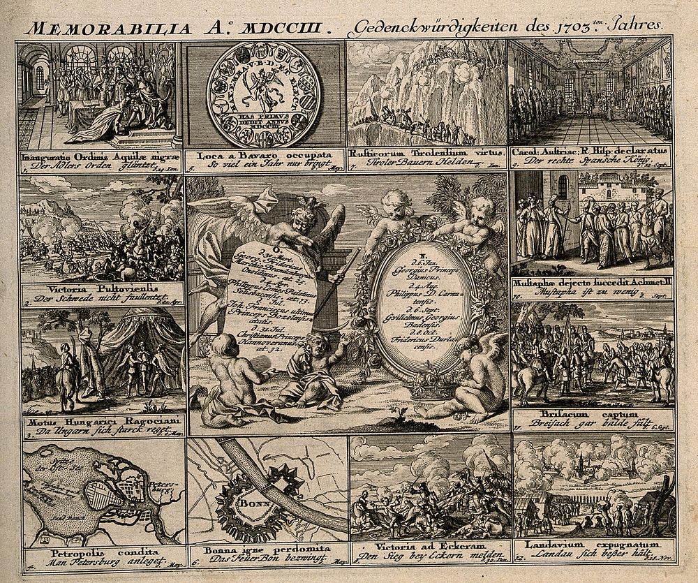 Memorial of religious and military events concerning Prussia from the year 1703. Engraving, c. 1722.
