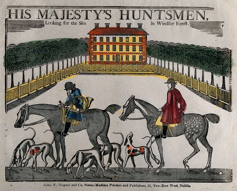 Windsor Forest and Windsor Great Park: two mounted huntsmen with their hounds; in the background, a mansion surrounded by…