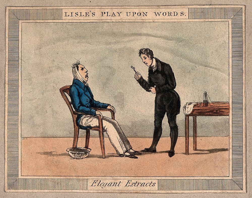 A dentist looking in horror at the size of the tooth he has just extracted from his grimacing patient. Coloured aquatint.