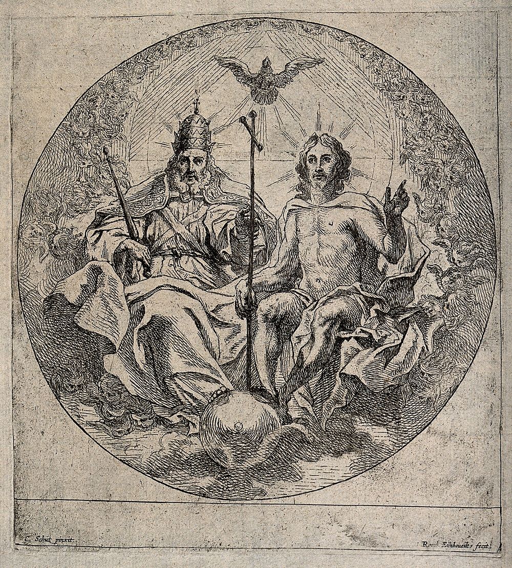 Saint Gregory the Great enthroned on the right hand of Christ; above, the Holy Ghost. Etching by R. Eynhoudts after C.…