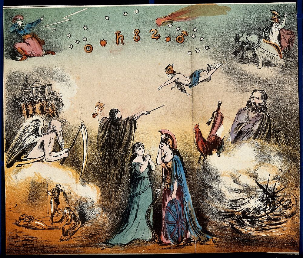 Astronomy: various apocalyptic scenes, including an shipwreck, a mob by St Paul's Cathedral, people dying from Cholera []…