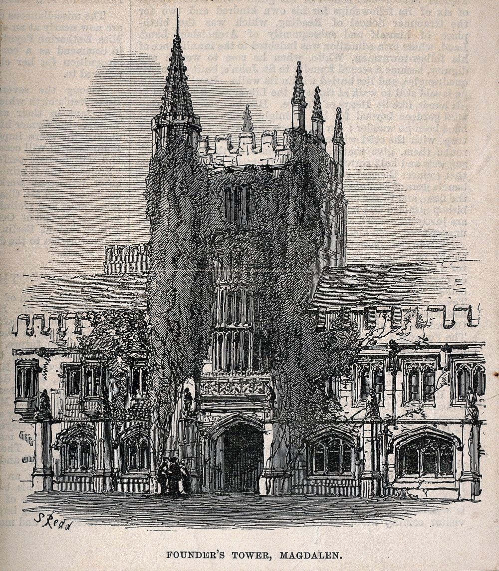 Magdalen College, Oxford: the tower. Wood engraving by S. Redd.