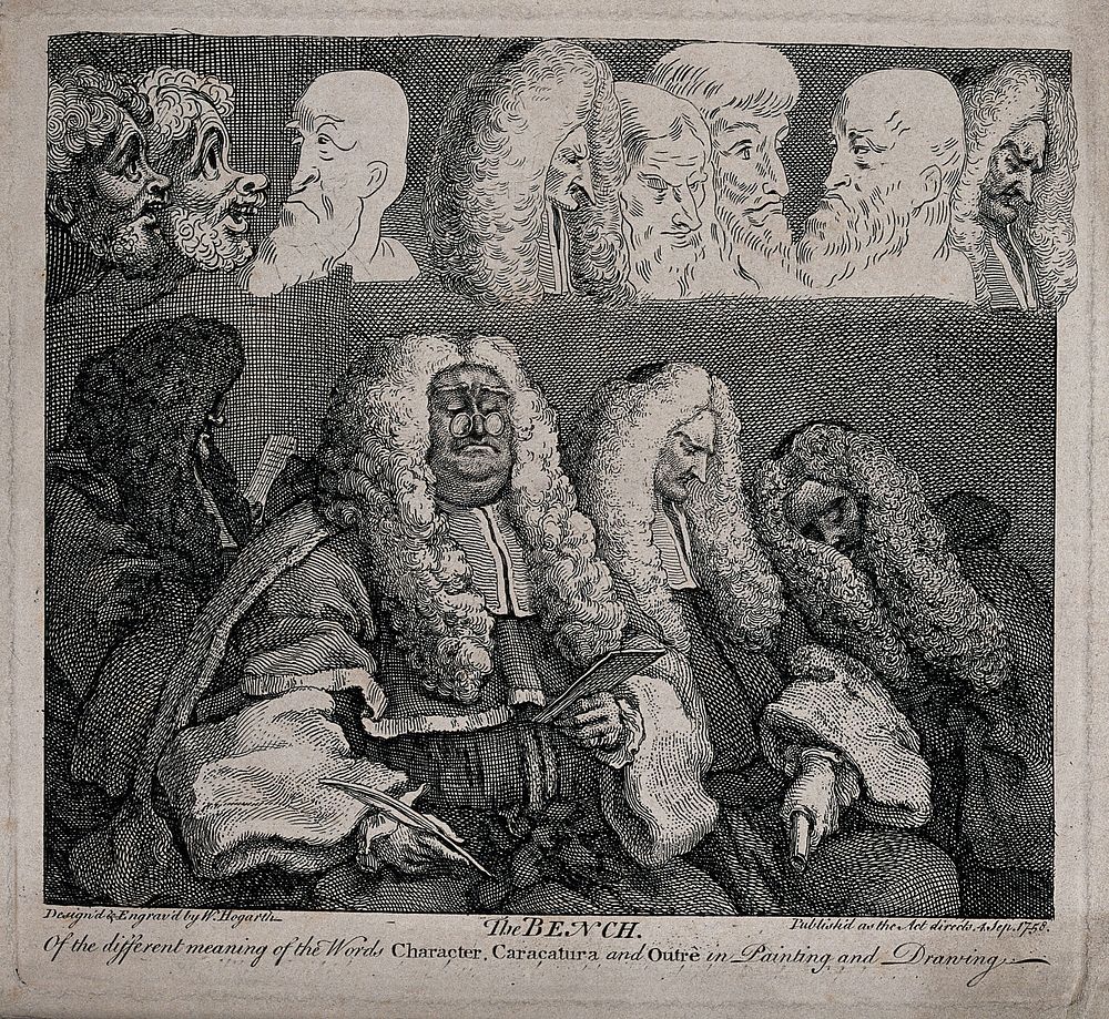 Four judges in heavy wigs, two of them are fast asleep. Etching by W. Hogarth.