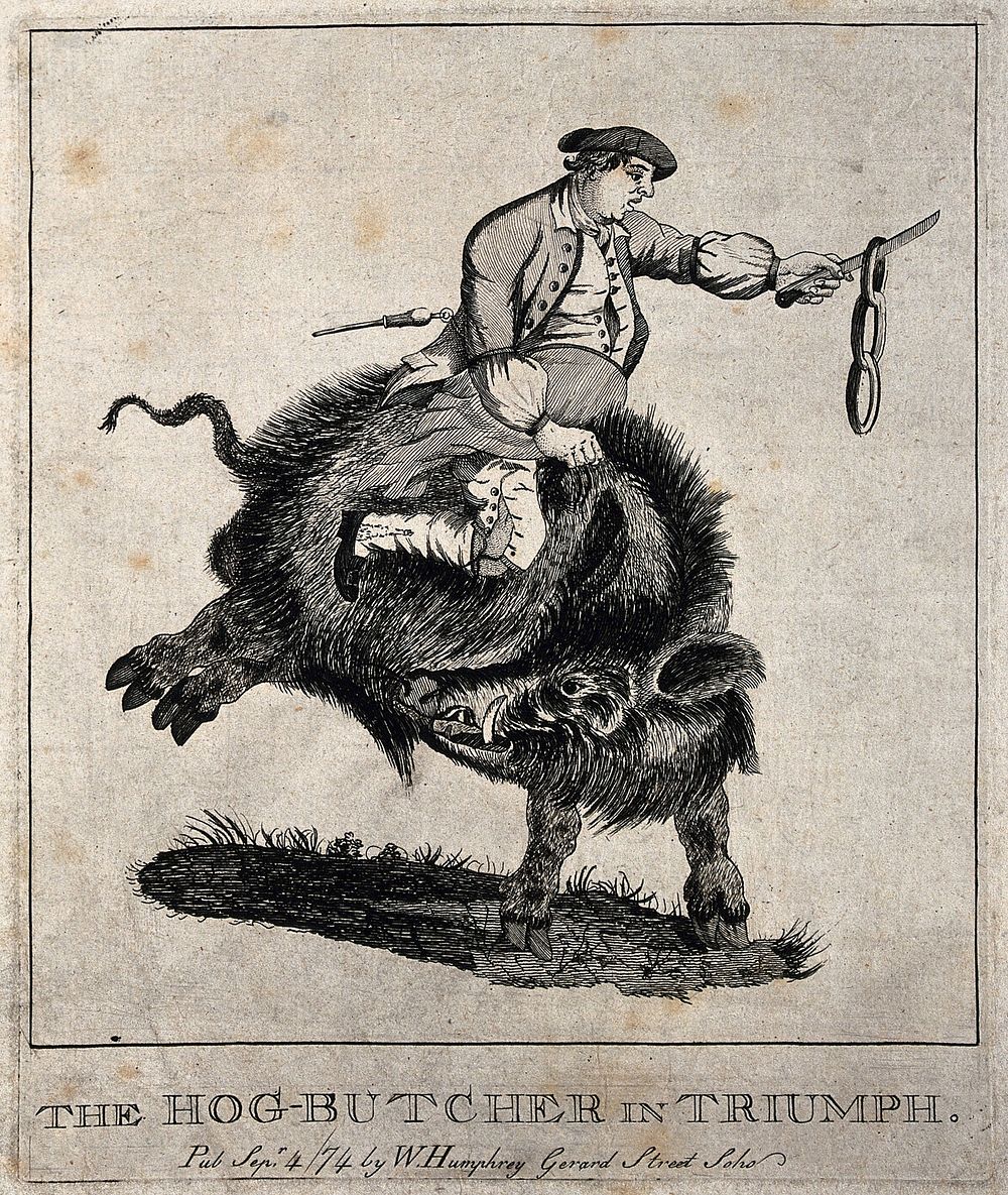 A butcher swinging a string of sausages from a knife rides on the back of a large black boar. Etching, 1774.