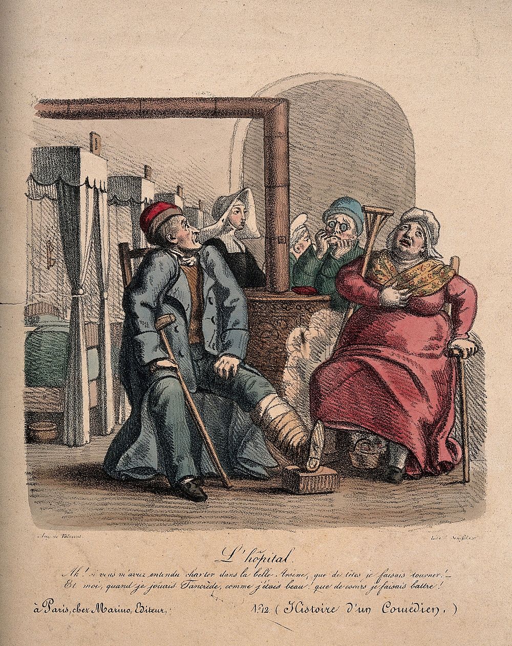 Some elderly patients wistfully reminisce about their younger days. Coloured lithograph by A. de Valmont.