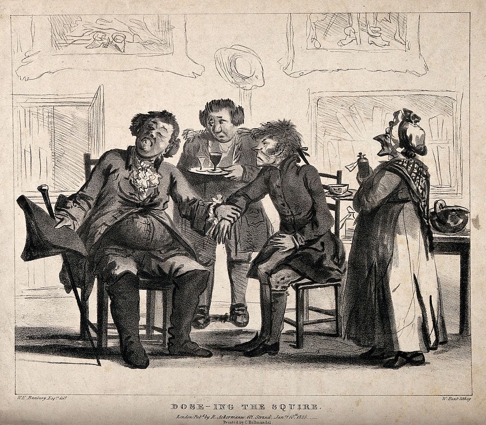 A doctor taking the pulse of a country squire; the smug doctor receives a drink from the butler while his disgruntled…