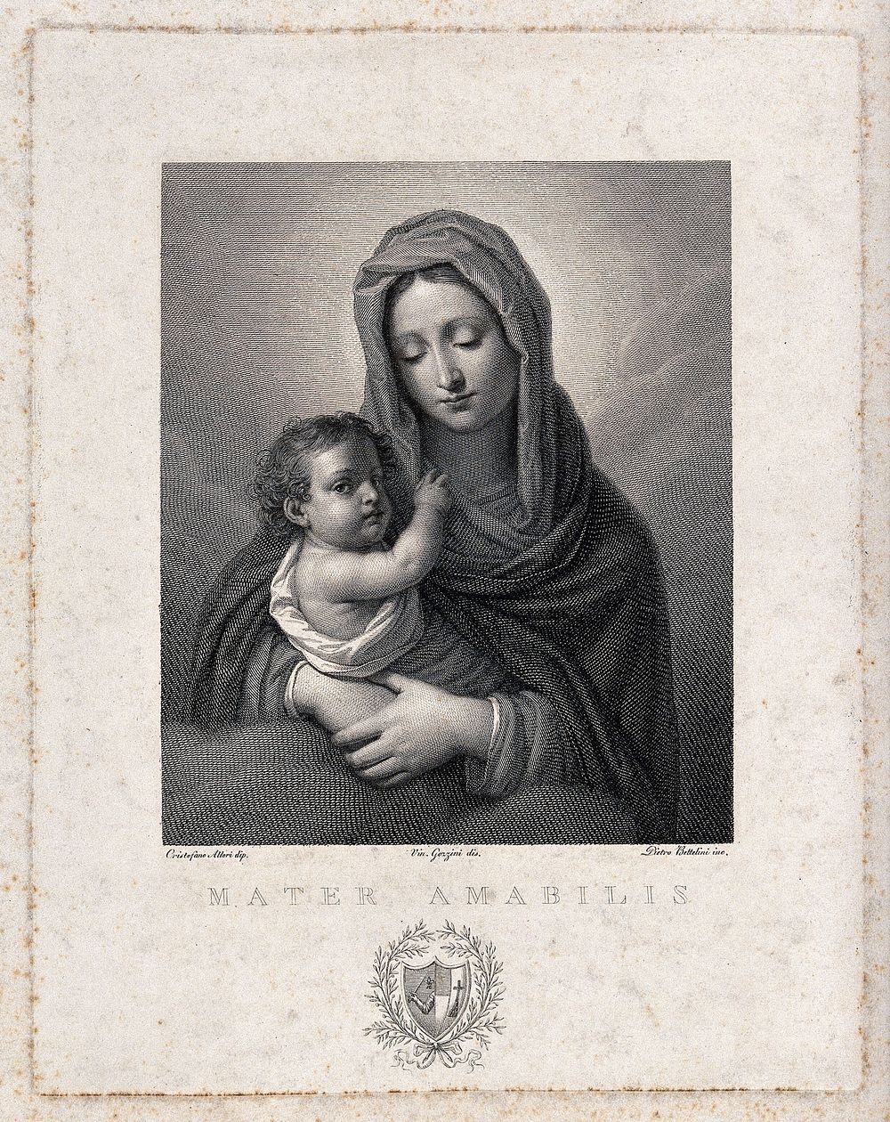 Saint Mary (the Blessed Virgin) with the Christ Child. Line engraving by P. Bettelini after V. Gozzini after C. Allori.