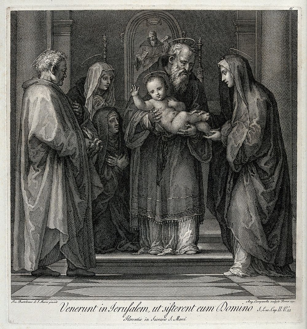 The presentation of the infant Jesus at the temple. Etching by A. Campanella, 1771, after Fra Bartolommeo.