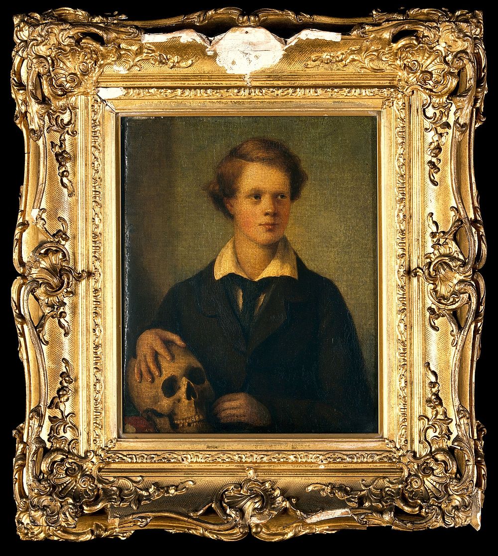 A young man with a skull. Oil painting.