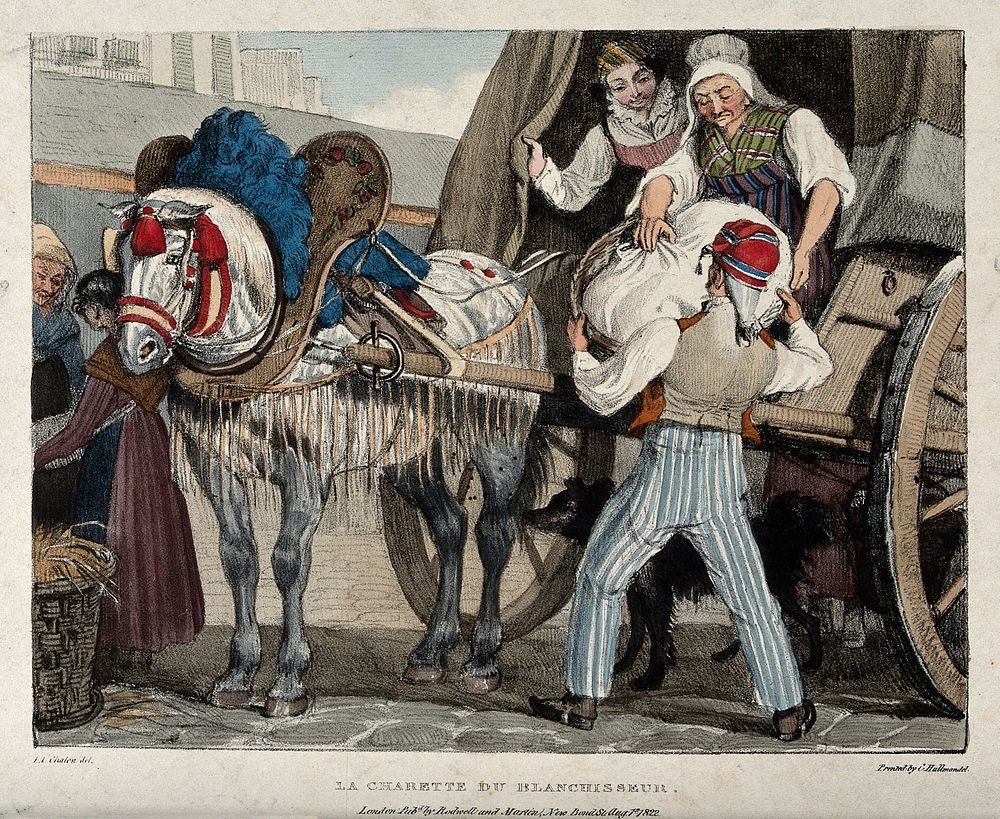 A launderess and an assistant standing in a cart (drawn by a horse wearing elaborate headgear) are collecting laundry from a…