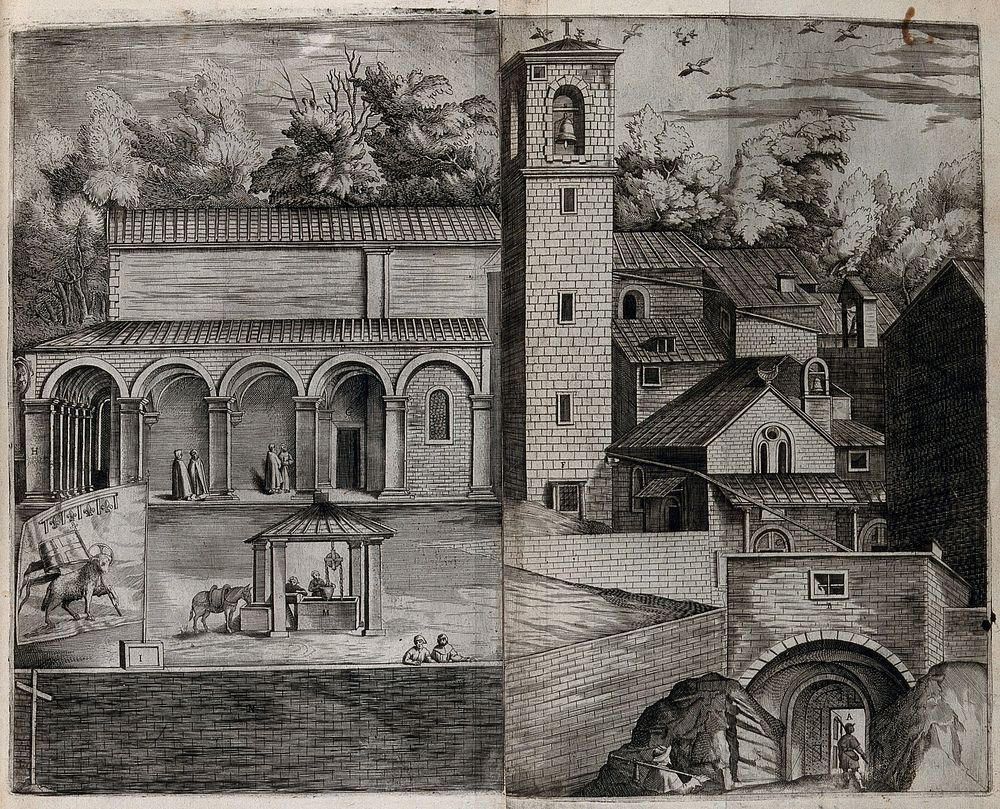 Buildings of the church and monastery of Mount Verna. Engraving attributed to D. Falcini after J. Ligozzi, ca. 1612.