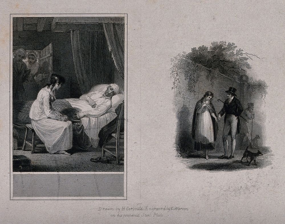 A woman sitting by the bed of a dying man. Engraving by C. Warren after H. Corbould.