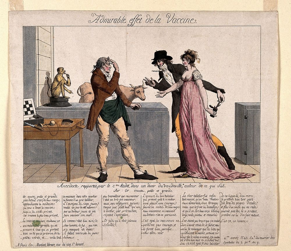A vaccinated man grows horns in front of a couple with a lancet. Coloured etching, c. 1800.